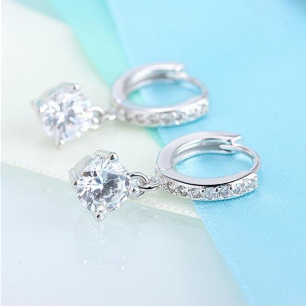 NEW SOLITAIRE DIAMOND DROP SILVER HOOP EARRINGS - Picture 4 of 8